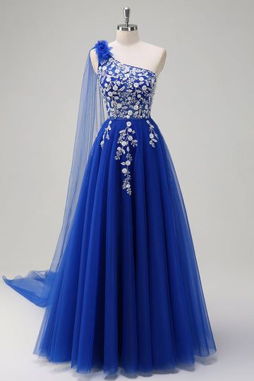 Royal Blue A-linje One Shoulder Watteau Train Appliqued Prom Klänning med Snörning Upp Tillbaka